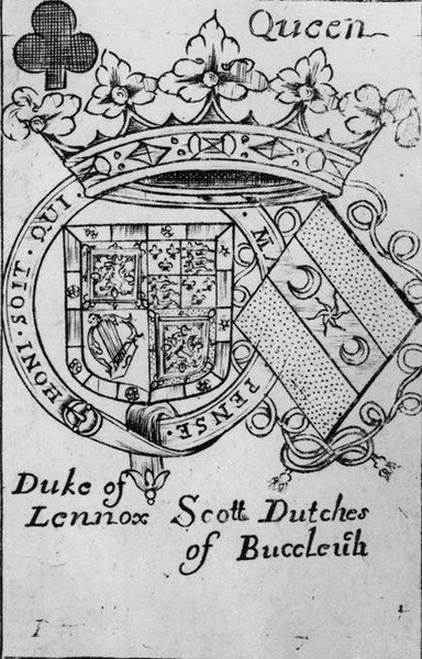 Schoppenvrouw speelkaart met afbeelding van het wapen van de Hertog van Lennox en de Hertogin van Buccleuch door English School